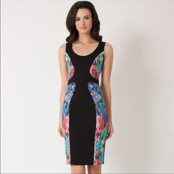 Black Halo Annabelle Sheath Midi Dress 6 Colorblock Abstract Panel Sleeveless - Picture 2 of 15